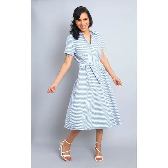 knee length dresses for ladies Nautical Stripe Bow Midi Dress – HAUS 131 main image 1